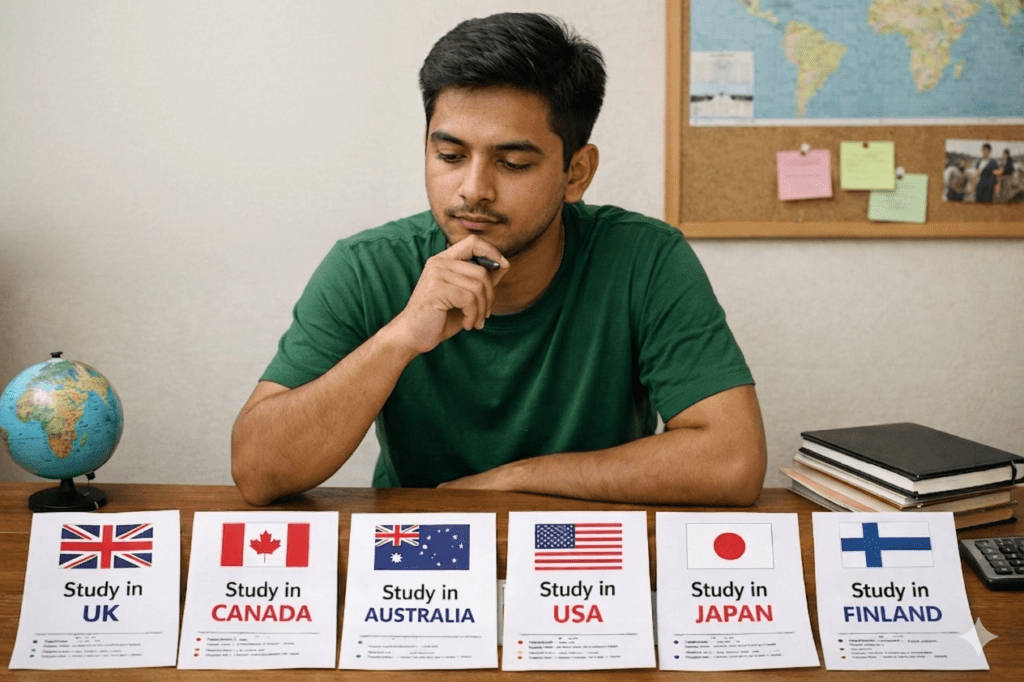 A Bangladeshi student comparing study abroad destinations including the UK, Canada, Australia, the USA, Japan, and Finland