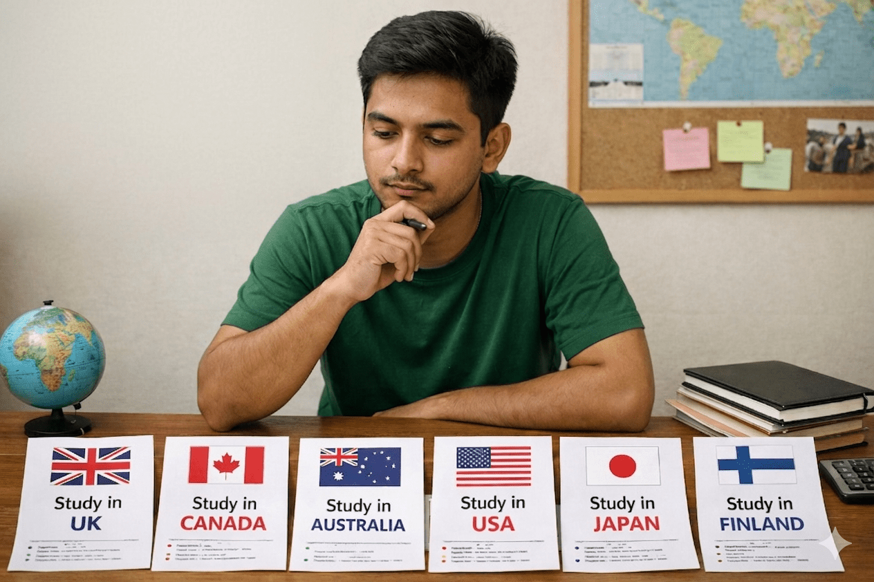 A Bangladeshi student comparing study abroad destinations including the UK, Canada, Australia, the USA, Japan, and Finland
